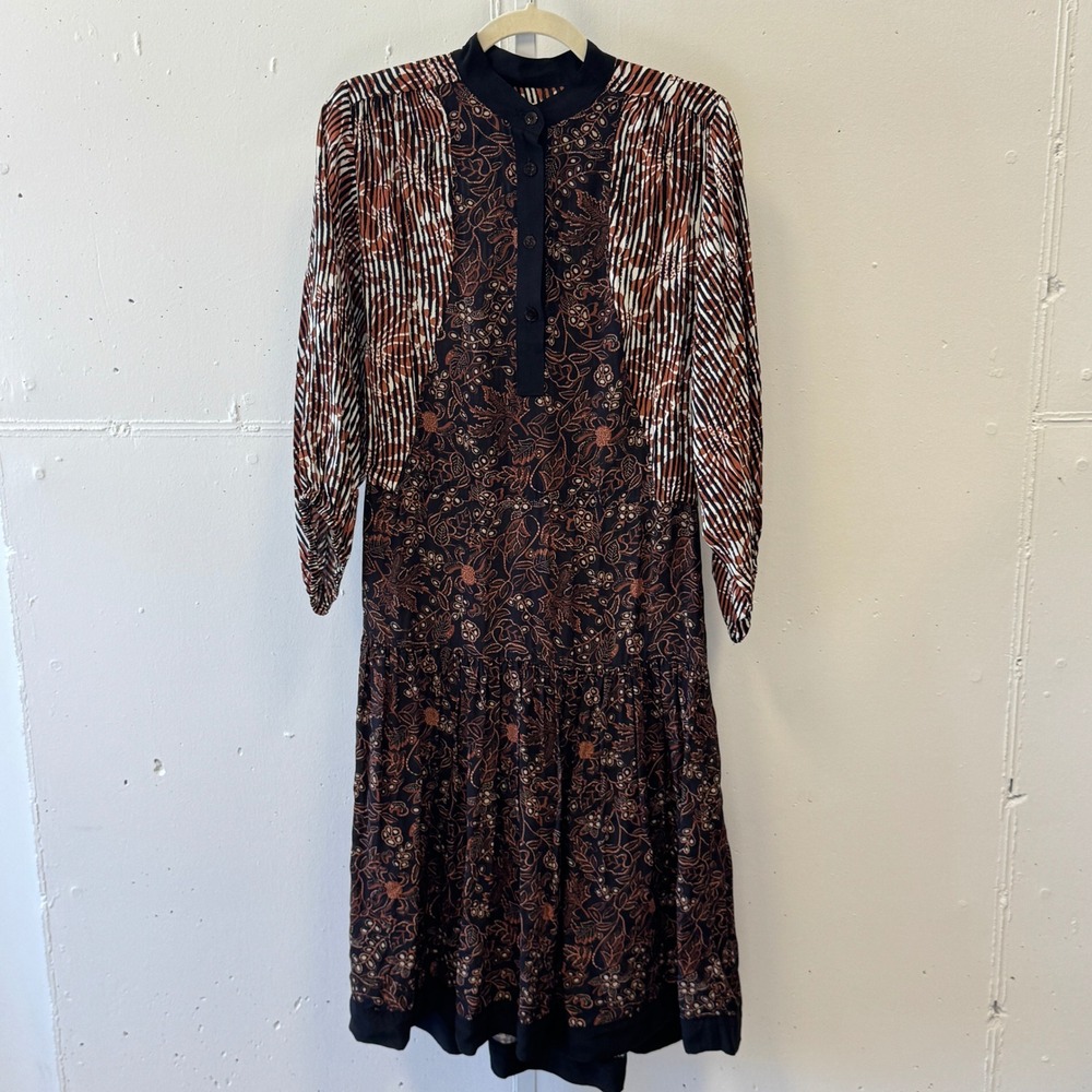 Warm NY Mixed Print Silk Viscose Midi Dress Brown Floral Stripe Size 0 Boho Fall